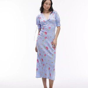 TOPSHOP Light Blue Vintage Floral Print with Ties, Puff Sleeves Midi/Max…